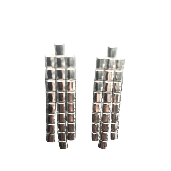 Unique Blocky Silver Tassel Earrings, Screw Back Fringe, Chunky Articulated - Picture 1 of 5